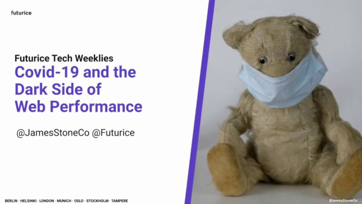futurice's tweet photo. Covid-19 and the Dark Side of Web Performance - This #techweeklies talk by @JAMESSTONEco is a rally call for both Finland and Europe to make your sites faster and leaner than before. Along with a primer on how to do so - https://t.co/T1bQHQSYJV https://t.co/XAFmgHwxwu