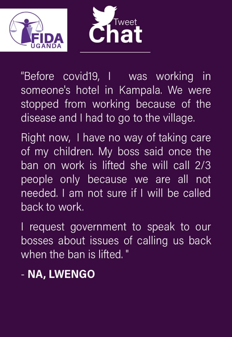   #WomenAndCOVID19UG   #WhatWomenWantIt is a few minutes to our chat. Lets look at what the women we spoke to have to say about the measures taken and how they affect them. We start in In Lwengo, NA is concerned she will lose her job! @FIDA_Uganda  @WanyanaR  @catherinenyamb1