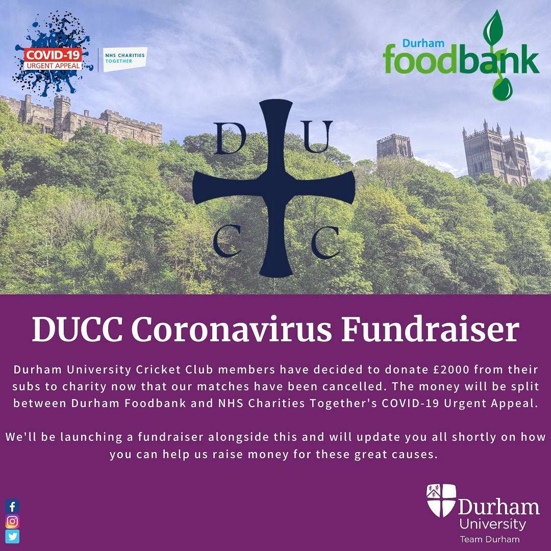 Following the cancellation of our season, DUCC members have decided to donate £2000 from their subs which would have funded our matches to charity. Our initial donation will be split between <a href="/durhamfoodbank/">Durham Foodbank</a> and <a href="/NHSCharities/">NHS Charities Together 💙</a> COVID-19 Urgent Appeal @durhamuniversity @TeamDurham