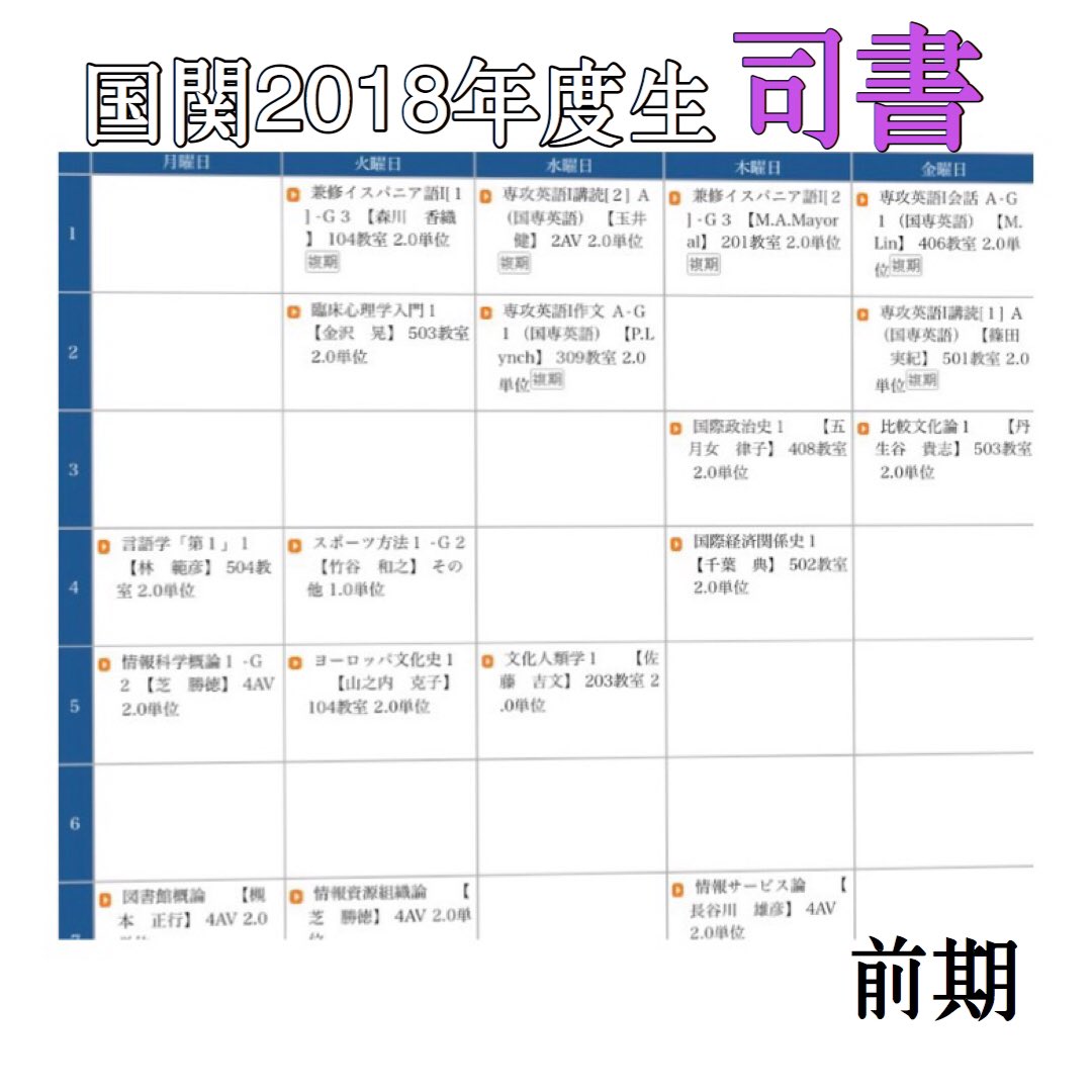 神戸市外大 英米語劇団 劇団員の1回生の時の時間割紹介コーナー 第2回は国関ver 履修の組み方のポイントは前回投稿に詳しく書いてるので 見てみてくださいね まず 1つ目は18年度国関生 ノーマル の時間割です 春から神戸 神戸市外大 英米語劇団 劇団員の1回生の時の時間割紹介コーナー 第2回は国関ver 履修の組み方のポイントは前回投稿に詳しく書いてるので 見てみてくださいね まず 1つ目は18年度国関生 ノーマル の時間割です 春から神戸