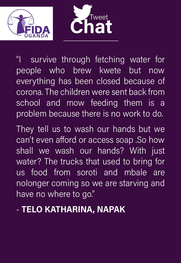   #WhatWomenWant   #WomenAndCovid19UGJobless as a result of these measures, Telo cannot even afford the soap to use to wash hands. Trucks are no longer bringing them food. She and her family are staring starvation in the face.