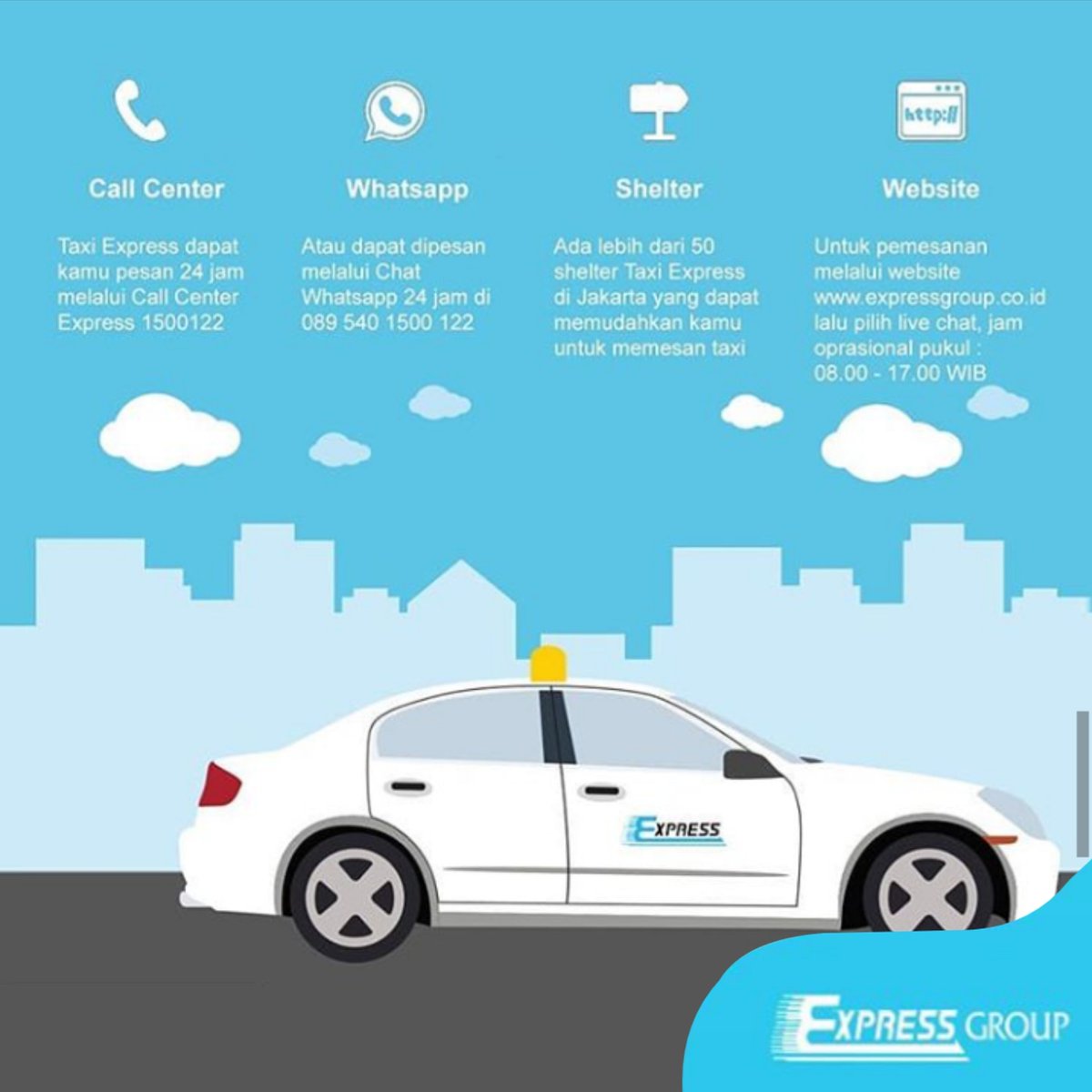 Tahukah kamu cara lain naik Taxi Express selain menyetop di jalan?

Sebenarnya ada banyak cara untuk memesan Taxi Express loh!

Nah! berikut cara-caranya, dari mulai menghubungi Halo Express sampai memesan via website express group, lihat informasi selengkapnya pada gambar ya...