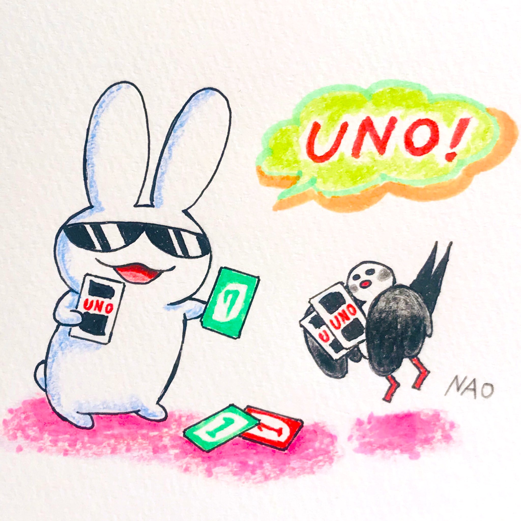 湘南らぱん 今日のらぱん Unoってカードゲームで盛り上がったぜ 残り1枚になったら ウノ て言うの気持ちいいな 言い忘れたら2枚カード引くのはローカルルール 湘南 湘南らぱん 今日のらぱん ゆるキャラ 絵 イラスト ウノ カード