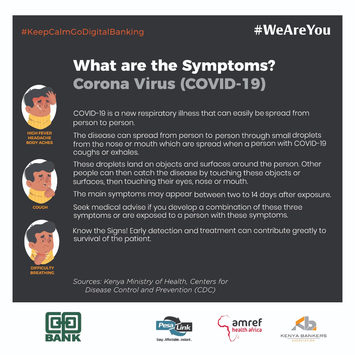 Coopbankenya's tweet photo. Here's a guide to help you recognize the symptoms of COVID-19 so that you can keep yourself and others safe during this period. #KomeshaCorona #GoDigitalBanking #StaySafe #WeAreYou https://t.co/RyTFX8Vw0X