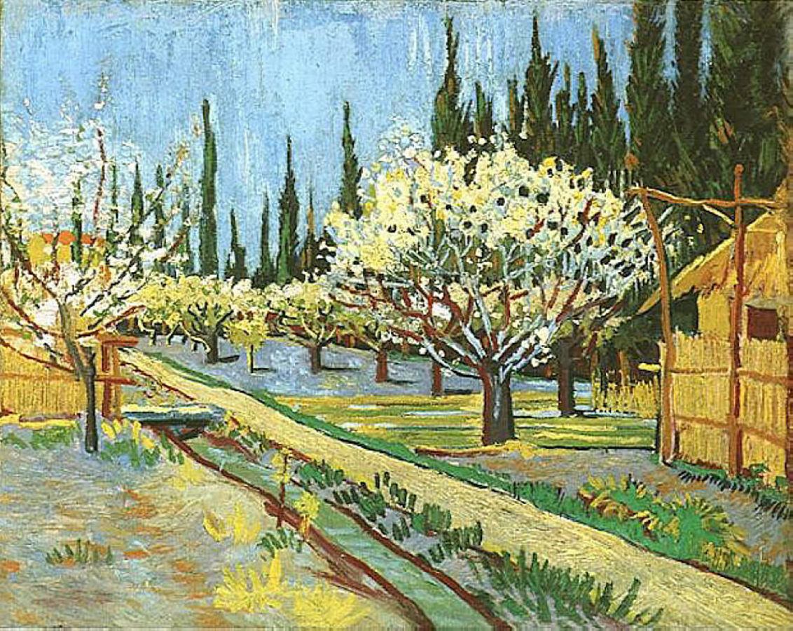Arteymas_'s tweet photo. Huerto en flor, bordeado por cipreses, 1888, Vincent Van Gogh https://t.co/w4IWpjnt71