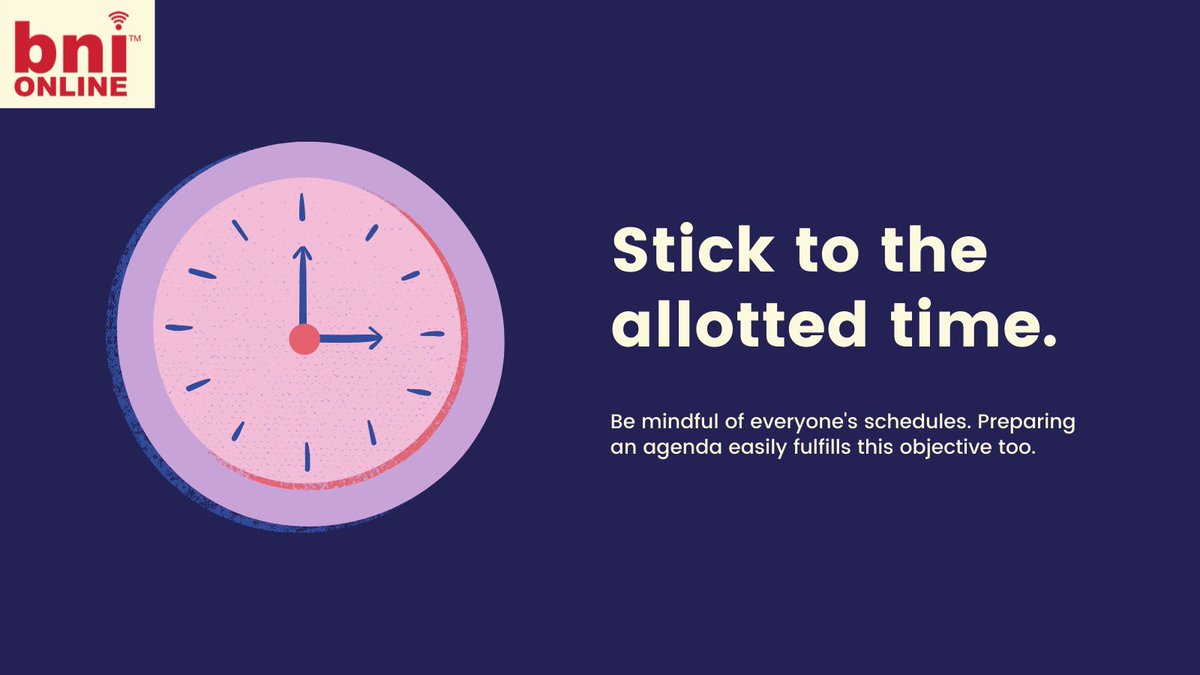 Overrunning could mean you get cut off or people need to leave without hearing your full message, possibly missing the most important part. Be respectful of others time.

Present to our 38 businesses online to practice your pitch &amp; get more business every Thursday morning.