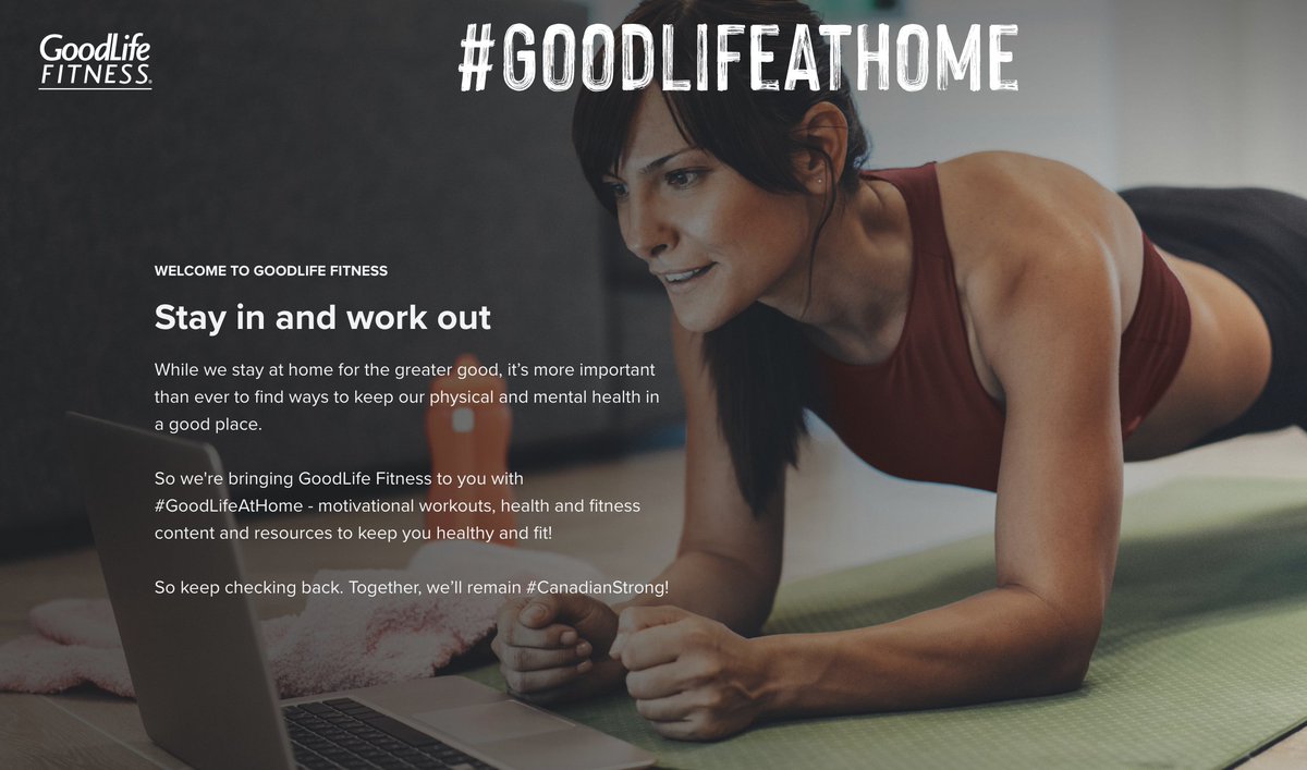 SuzyKendrick's tweet photo. During these unprecedented times, @GoodLifeFitness has the health + fitness of everyone in Canada at top of mind.

Stay healthy and fit - body, mind &amp; spirit - with #GoodLifeAtHome, a FREE resource for you.

https://t.co/0IXBTRQ8Kr
#CanadianStrong #HealthObsessed #FitnessFuelled https://t.co/nivX8bojz6