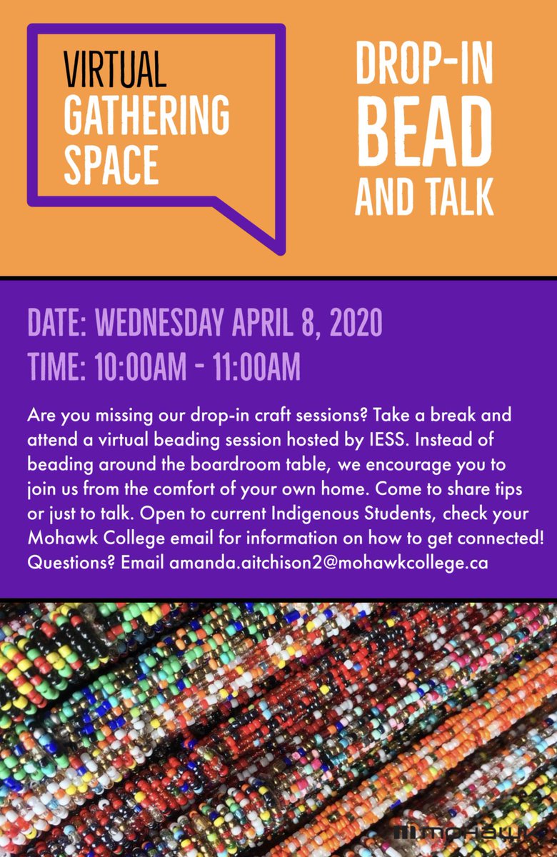 mohawk_iess's tweet photo. Join us this week for our Virtual Gathering Space events for Indigenous students! Check your Mohawk College email for weekly details on how to get connected - questions can be sent to amanda.aitchison2@mohawkcollege.ca #mohawkcollege https://t.co/aqJSACz41y