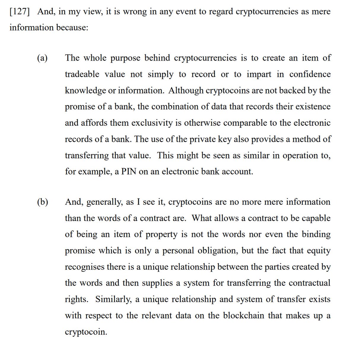 the court analogizes the information involved in cryptocurrency allocation to "the words in a contract"; just as words in a contract being information does not prevent them from determining property rights, so, too, with crypto data