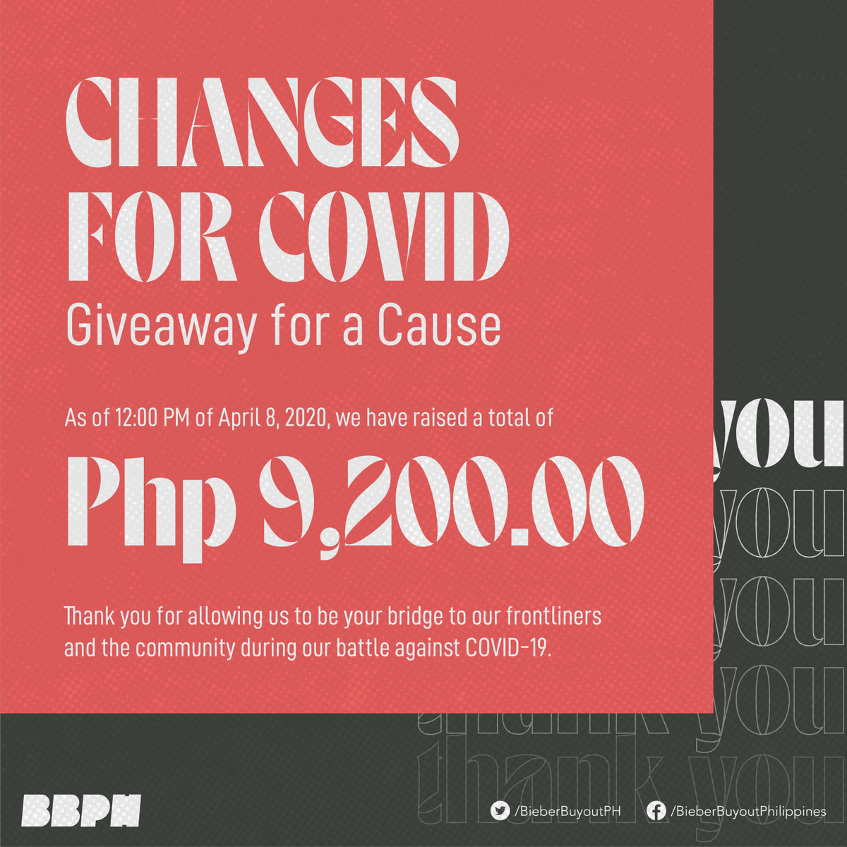 BieberBuyoutPH's tweet photo. As of closing at 12PM today, April 8, we have raised a total of Php 9,200.00 from all your generous donations for #ChangesForCOVID - Giveaway for a Cause!
Every peso you've given will go a long way for those in need.
Thank you for the warm support, Filipino Beliebers! https://t.co/QFpmbsuAYt