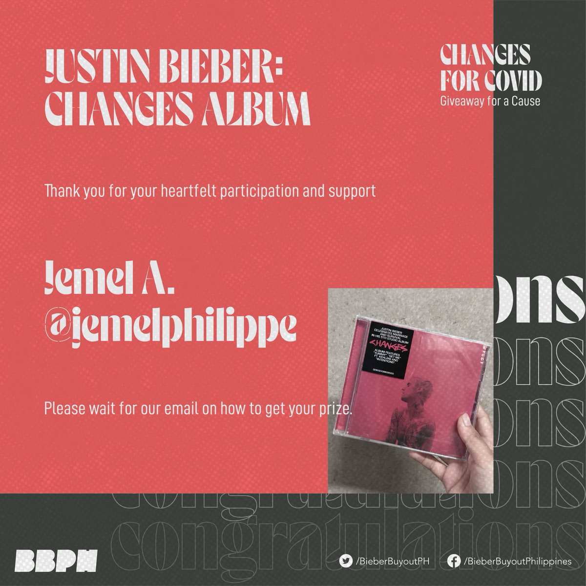 BieberBuyoutPH's tweet photo. Lastly, congratulations to the all our winners of #ChangesForCOVID - Giveaway for a Cause!
Please expect our email on how to get your prize. We'll wait for the ECQ to be lifted for safety purposes :)
Again, we thank everyone of you who supported us in this campaign π https://t.co/caJZVXwXCn