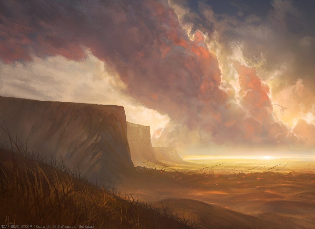 Plains are really hard.Having vertical elements in a landscape make it a lot easier to paint. But you can't have too much of that in a plains. Can't have big mountains or forests or anything.So you're kinda left with... clouds? That's what I usually do, anyway.