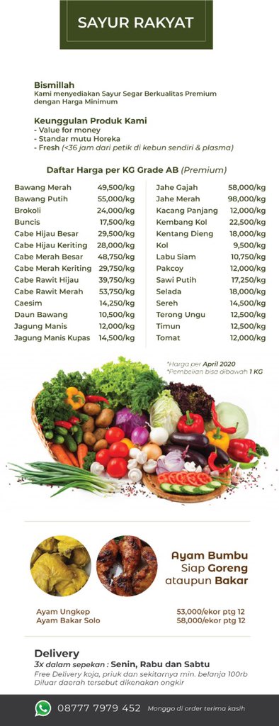 Yang berminat beli juga, monggo. Kirim dari wilayah Jakarta Utara. Ini ada pricelist dan nomor kontaknya, silakan dihubungi.

Sumpah aku puas banget, karena baca review belanja online di aplikasi banyak yang kecewa yah, yang gak sampe lah, yang kualitasnya kurang lah, dll.