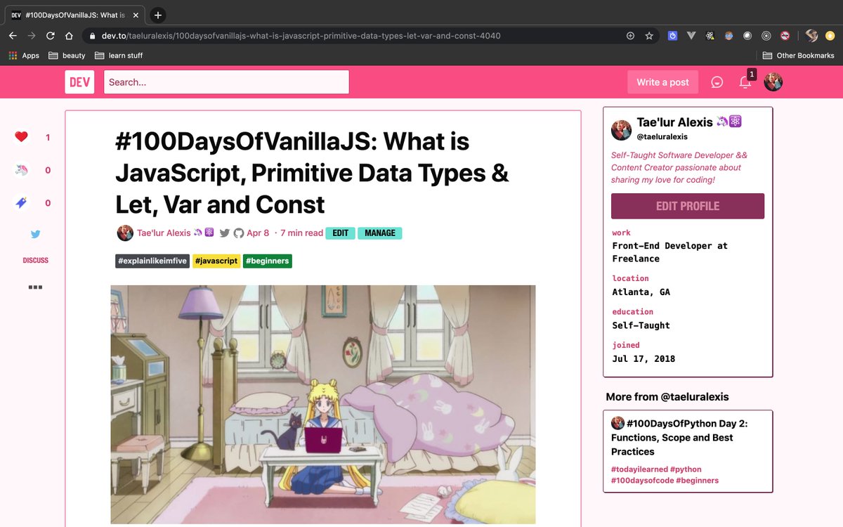 TaelurAlexis's tweet image. Introducing #100DaysOfVanillaJS, my attempt at explaining JavaScript. No libraries/frameworks included. In this first tutorial inspired by Sailor Moon, I'll be diving into what JS is, what are the primitive data types & variables
Hope you enjoy xx
dev.to/taeluralexis/1…