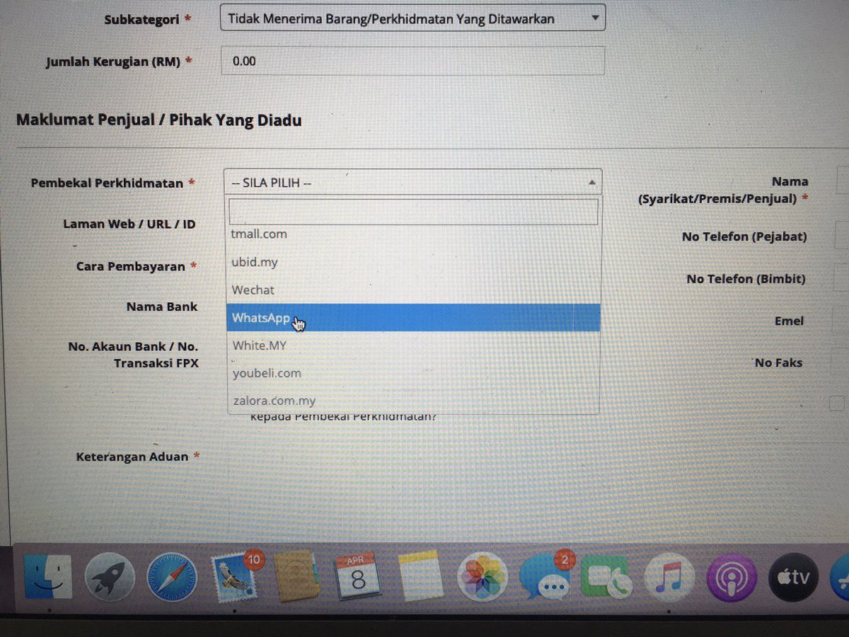 Pembekal perkhidmatan tu you guys kena pilih which one available. Tapi if you buat transactions via twitter or google form, sila pilih ‘lain-lain’ then kat bahagian Laman Web/URL/ID tu you guys letakkan url acc twitter scammer tersebut or url googleform dia