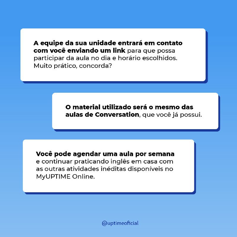 UPTIMEoficial's tweet photo. Novidade para os alunos da UPTIME: agora temos Online Conversation Classes. Agende a sua no MyUPTIME Online. https://t.co/b1Xl5XCyNh