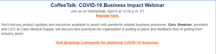 Joining <a href="/brightree/">Brightree</a> "Coffee Talk" to discuss HME and <a href="/CapeMedical/">Cape Medical Supply</a> response to #COVID19 ☕️