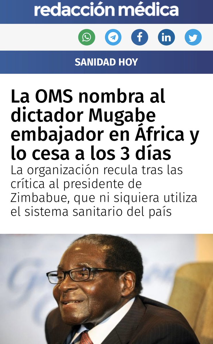 Luego en 2016 fue propuesto por Etiopía  a dirigir OMS y apoyado por China  que hizo gran lobby internacional a su favor.Como director OMS nombró a dictador asesino Robert Mugabe -acusado de ordenar 20,000 ASESINATOS en Zimbabue -.¡La VERDAD del  #coronavirus va SALIR!