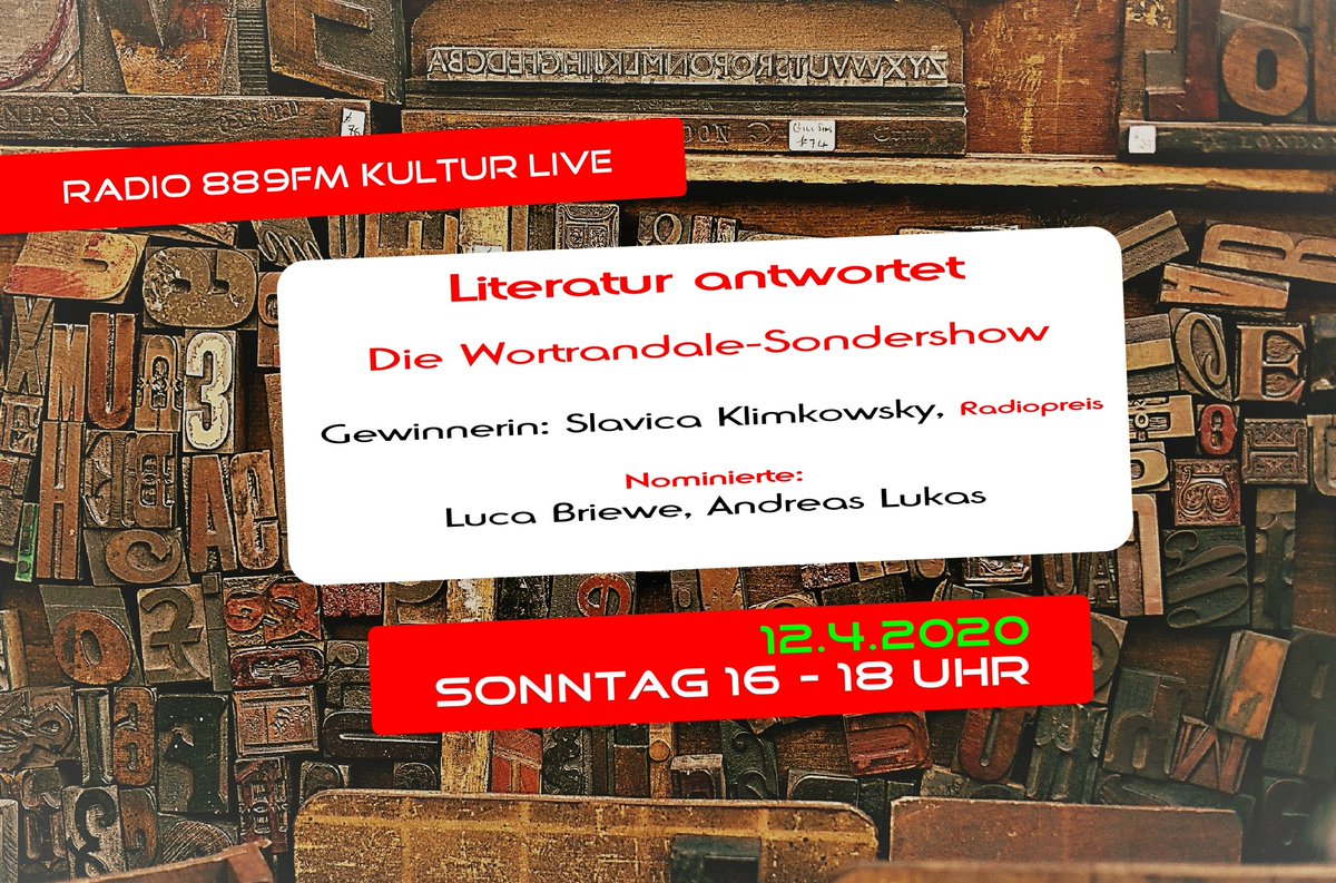 Am 12.4.2020 von 16 bis 18 Uhr live bei Radio 889FM Kultur präsentieren wir die Radiopreis-Gewinnerin Slavica Klimkowsky (Sparte Krimi) und die Nominierten Luca Briewe (Sparte Queer) und Andreas Lukas (Sparte Liebe).
Hier sind wir zu hören:
stream.laut.fm/889fmkultur