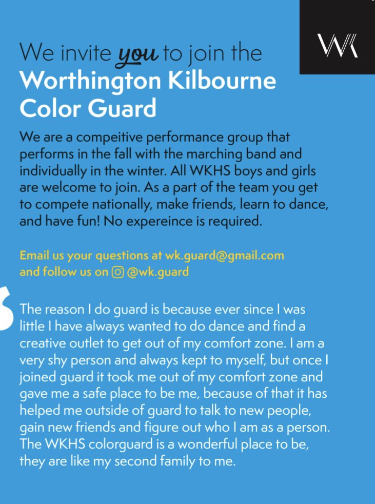 KilbourneBands's tweet photo. Join the 2020 WK Guard! No experience necessary. Email wk.guard@gmail.com for more information. #wkmb2020 #bandislife #guardislife https://t.co/gEmfhXnBzt