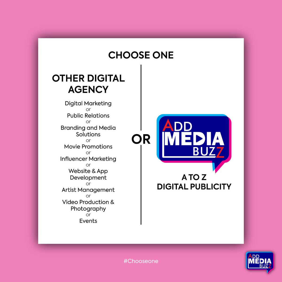 AddMediaBuzz's tweet photo. Choose all in one over multiple agencies. #chooseone
.
Contact us at:
contact@addmediabuzz.com / https://t.co/3AcCOrZtmC
.
#addmediabuzz #digitalmarketing #PRAadvice #marketing #mediasolution #influencermarketing #brandcollaboration #brandedcontent #events #graphicdesign https://t.co/7vrB0xUoLh