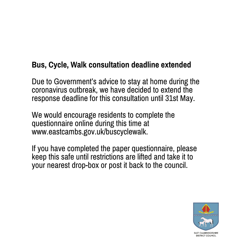 EastCambs's tweet photo. We've extended our bus, cycle, walk consultation until 31st May. 
We're encouraging residents to fill in our questionnaire online which can be found here: https://t.co/TikP7kKf7u https://t.co/BOlgukWMf9