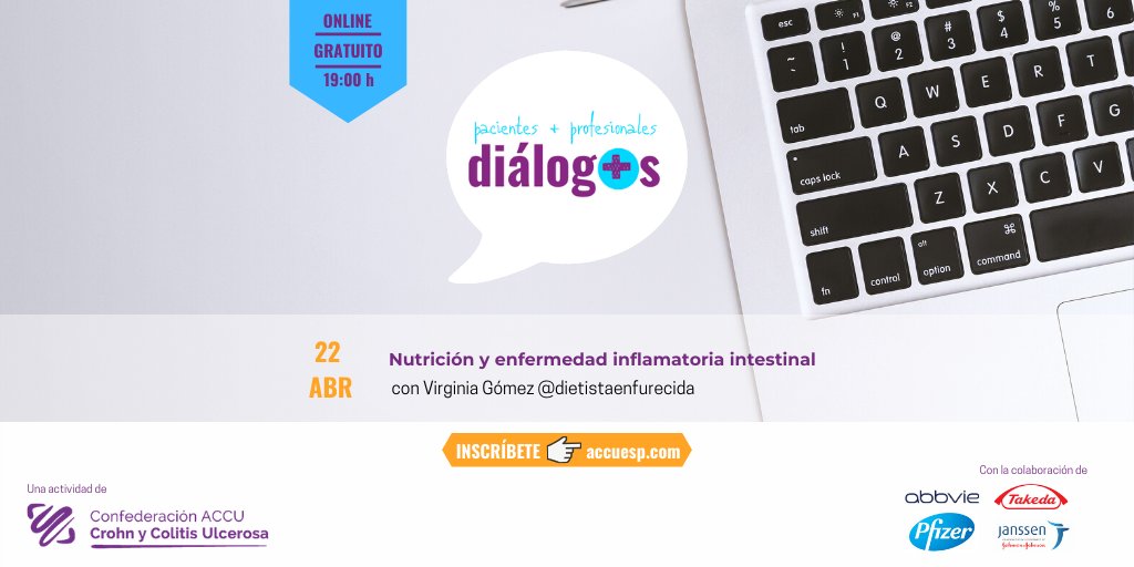 ACCU_Espana's tweet photo. 🌐 Formación online para pacientes
Nutrición y #EnfermedadInflamatoriaIntestinal 😀🍏

Con @virginut  especializada en enfermedades del aparato digestivo.

Inscripciones: a partir del 13 a las 10:00 am

Puedes encontrar más información en nuestra web 👇
https://t.co/6zLyxO2kyO https://t.co/l6PJv5XQJu