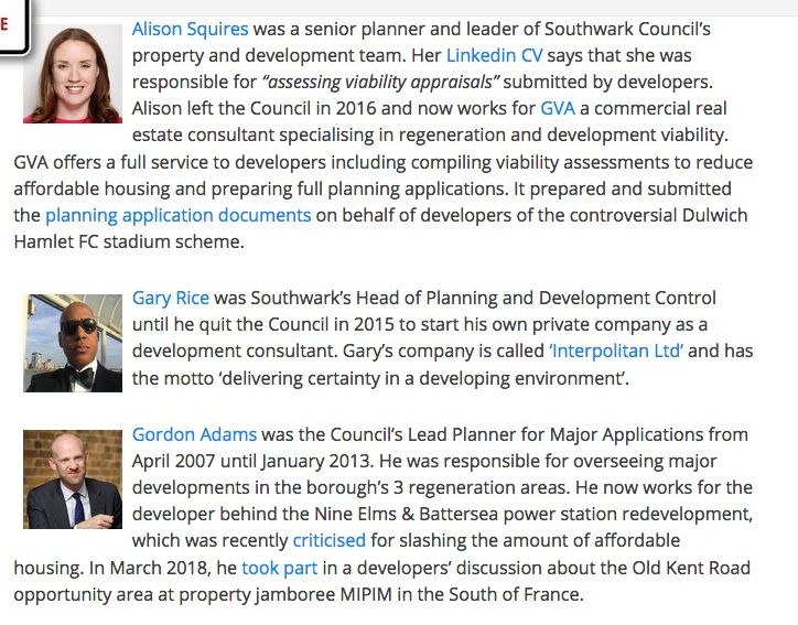 And further to our idea that these Southwark Council officers and councilors are ideologically in favour of 'regeneration' aka social cleansing, read about 20+ of them with various connections / new jobs in the development industry: http://35percent.org/revolving-doors/