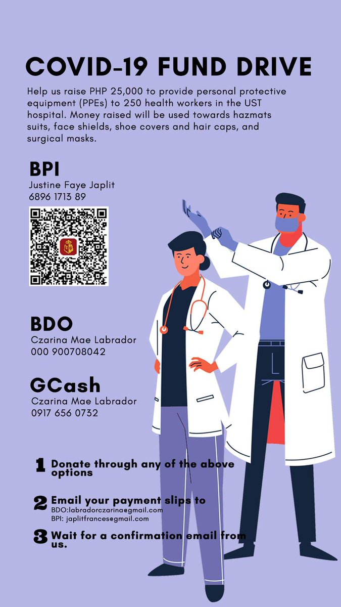 B7_2022's tweet photo. CALL FOR DONATIONS: Please continue to support our efforts in providing PPEs to our frontliners in the UST Hospital by donating through any of the options below or sharing our initiative to your friends and family! Be safe and healthy wherever you may be 💗 #COVID19 #COVID19PH https://t.co/C04al2rZ46