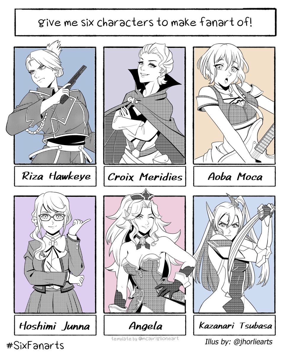 Done! All these bad ass girls. YES. #SixFanarts #6Fanarts 
Riza Hawkeye @dellelata 
Croix Meridies @KingFarron 
Aoba Moca @GirlwithRibbon 
Hoshimi Junna @sayuriii_ghosto
Angela @soulless009 
Kazanari Tsubasa @kyavendish 