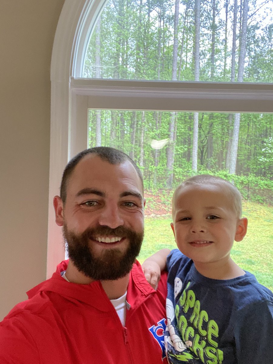 CoachJ_Copeland's tweet photo. Jaxton and I now have matching buzz cuts due to the closure of ⁦@GreatClips⁩! #HomeCuts #coronavirus https://t.co/xWf7oLctpu