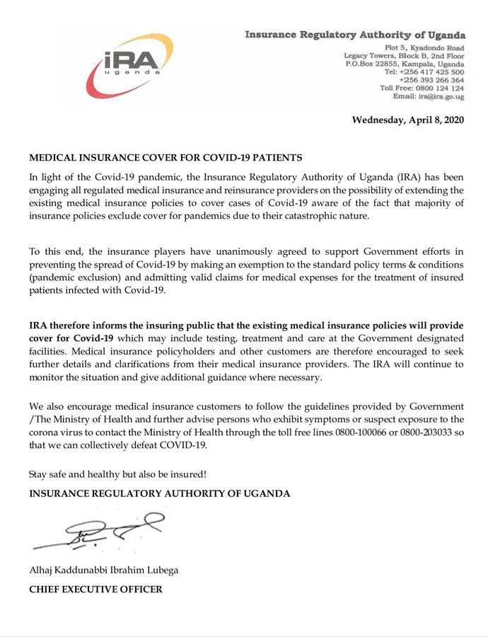 TIVInsurTech's tweet photo. Ugandan Insurers, under the @IraUganda, have unanimously agreed to support @GovUganda efforts in preventing the spread of #COVIDー19 by making an exemption to the standard policy terms &amp; conditions of pandemic exclusion. Kudos to the team! #FightCorona #InsuranceChats #Insurtech https://t.co/KPMNMZjPVc