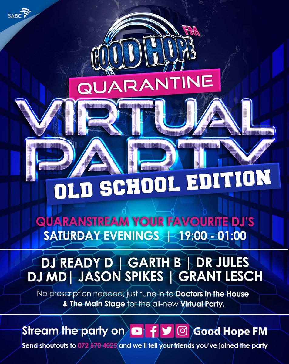 Good Hope FM (@goodhopefm) on Twitter photo 🎵🔒⬇️ We're locking down some serious old school this Saturday #GHFMVirtualParty #OldSchool
Lockdown has never sounded this good 🎶😷🎶
🎧 <a href="/garthb_sa/">IG - @garthb_sa</a>
🎧 <a href="/DeejayMDZA/">It's MD</a>
🎧 <a href="/djdrjules/">Dr Jules</a>
🎧 <a href="/DJReadyD/">DJ Ready D</a>
🎧 <a href="/GrantLesch/">#LeschIsMore</a>
🎧 <a href="/JasonSpikes101/">Jason Spikes</a> 🎵🔒⬇️ We're locking down some serious old school this Saturday #GHFMVirtualParty #OldSchool
Lockdown has never sounded this good 🎶😷🎶
🎧 <a href="/garthb_sa/">IG - @garthb_sa</a>
🎧 <a href="/DeejayMDZA/">It's MD</a>
🎧 <a href="/djdrjules/">Dr Jules</a>
🎧 <a href="/DJReadyD/">DJ Ready D</a>
🎧 <a href="/GrantLesch/">#LeschIsMore</a>
🎧 <a href="/JasonSpikes101/">Jason Spikes</a>