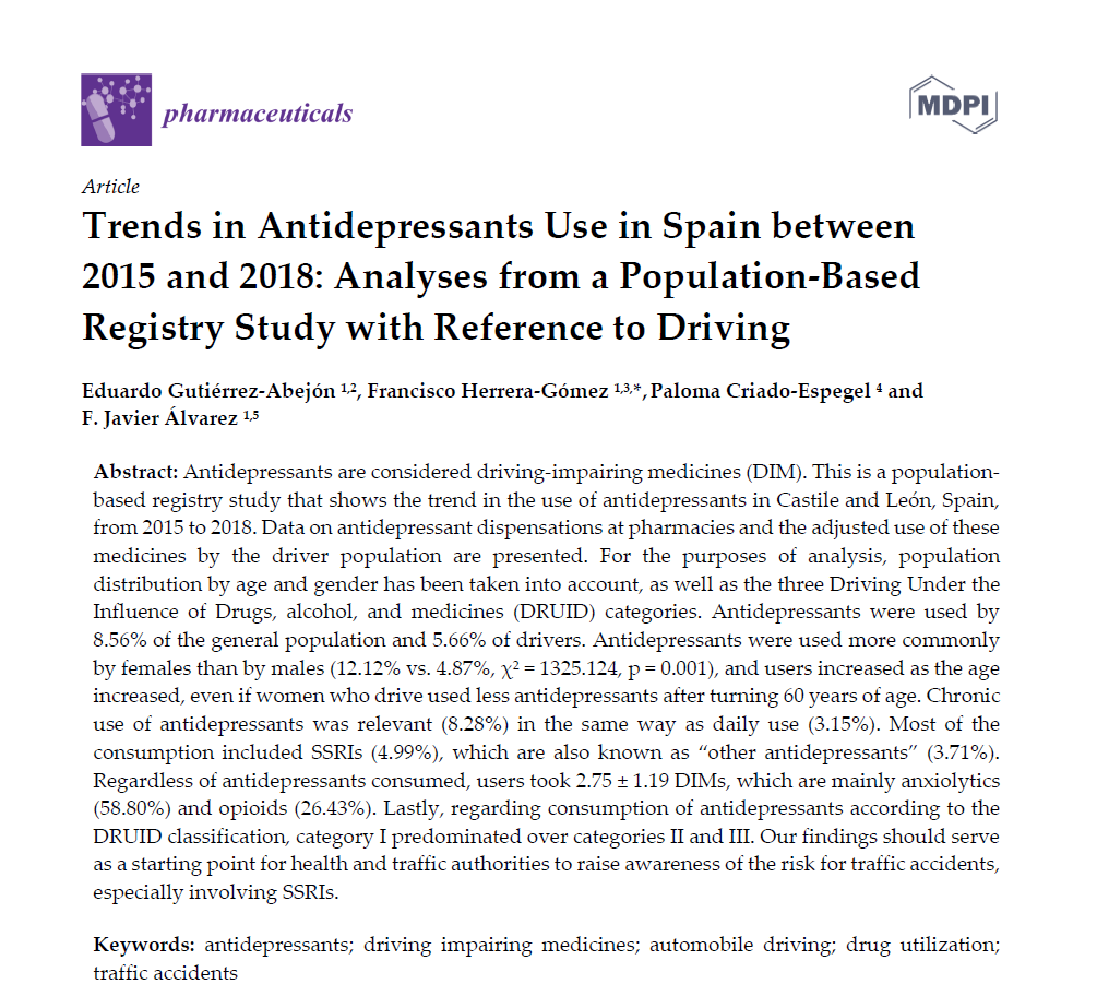 Pharmaceut_MDPI's tweet photo. Article:
"Trends in Antidepressants Use in Spain between 2015 and 2018: Analyses from a Population-Based Registry Study with Reference to Driving"
by #Eduardo Gutiérrez-Abejón, #Francisco Herrera-Gómez, #Paloma Criado-Espegel and #FJavier Álvarez
https://t.co/YCENofclX9 https://t.co/n5I8lXzwCA