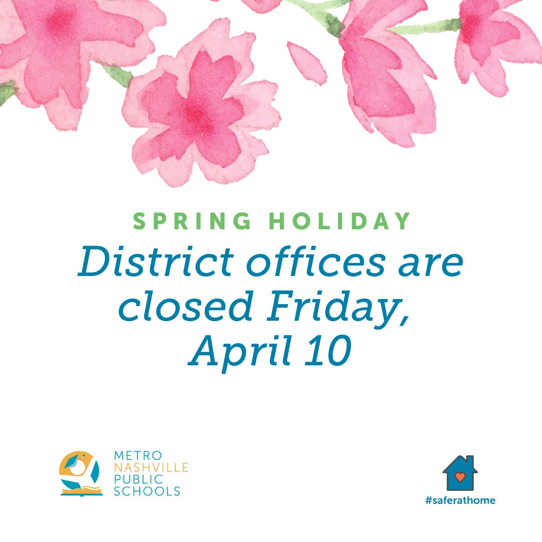 Metro Schools staff have the day off Friday, April 10 for a pre-planned Spring Holiday. There will be no food distribution Friday, but students who pick up meals Thursday, 4/9 will receive meals for two days. 🌸