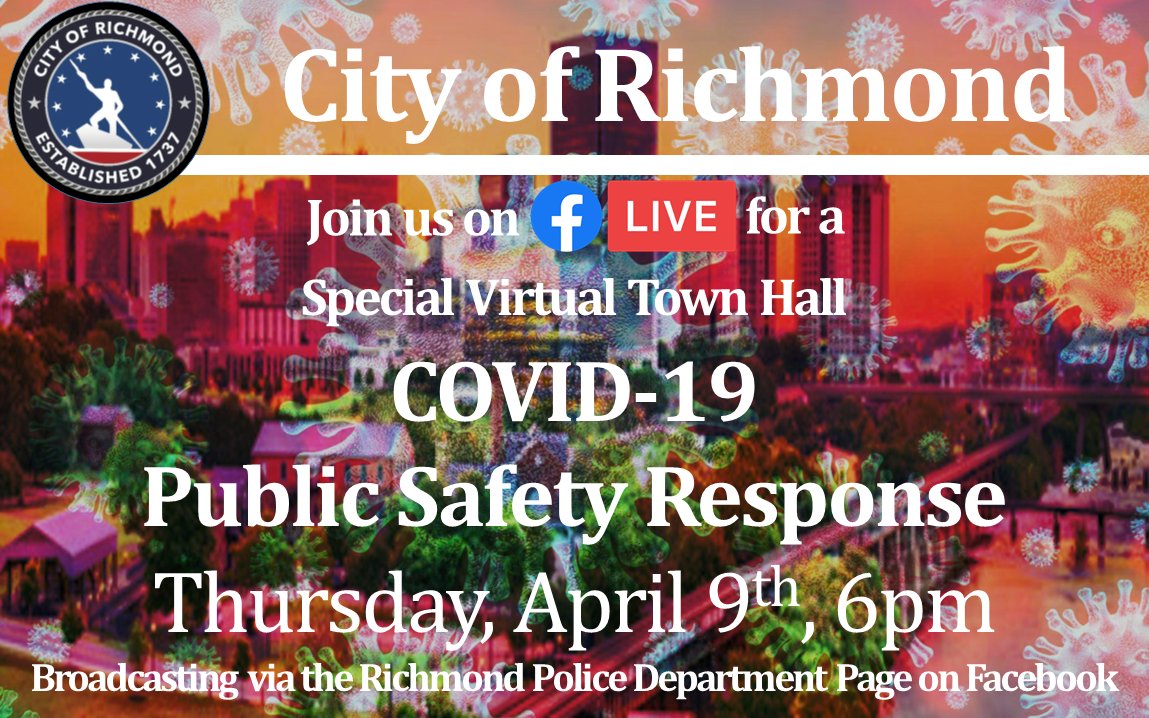 RichmondPolice's tweet photo. VIRTUAL TOWN HALL TOMORROW: Join us at 6 p.m. as some of Richmond’s top public safety officials address critical COVID-19 concerns shared from the community at-large. This will be broadcast live on our Facebook page. You can click here for more details: https://t.co/qdNTlocvCn https://t.co/de6FmYmXaZ