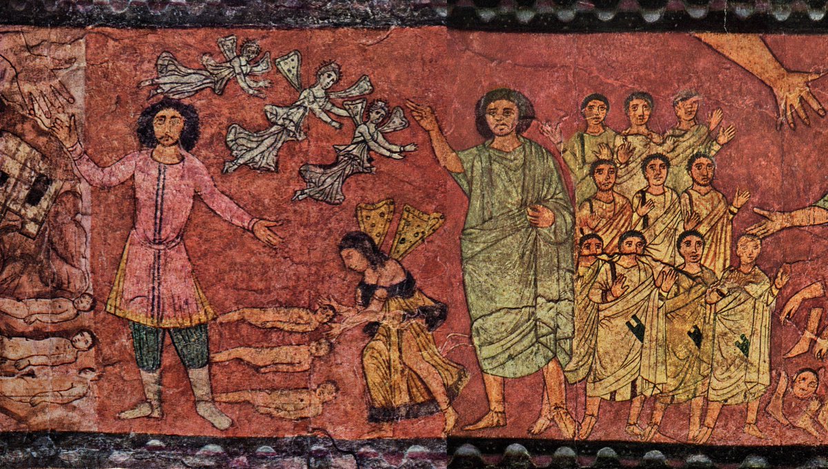 Art from the Dura Europos Synogogue, 3rd cent CE, depicting the events of Ezekiel 37. The angels here are wearing chitons (traditional Roman attire for women of high rank) displayed with distinctive mid-waist kolpos folds.