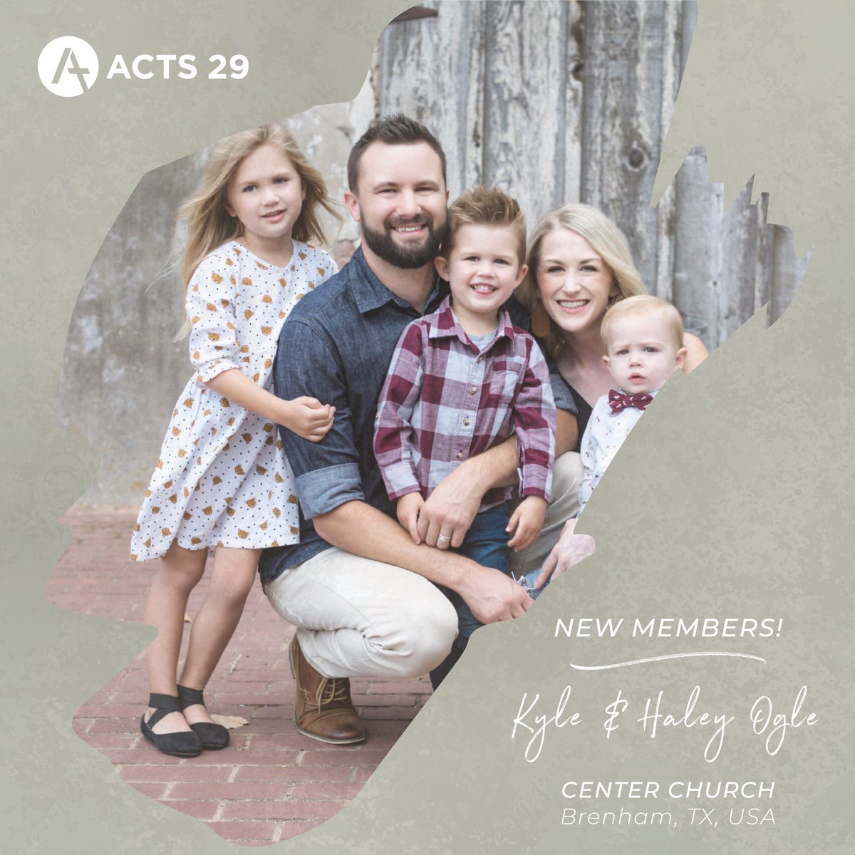 Acts29's tweet photo. Welcome Kyle &amp; Haley Ogle + Center Church in Brenham, TX, USA  into full membership!
The family asks you to join them in praying for servant leaders to rise up in their church &amp; for qualified men to be equipped + trained to step into eldership roles alongside Kyle.
#acts29 https://t.co/Ole26llZrt