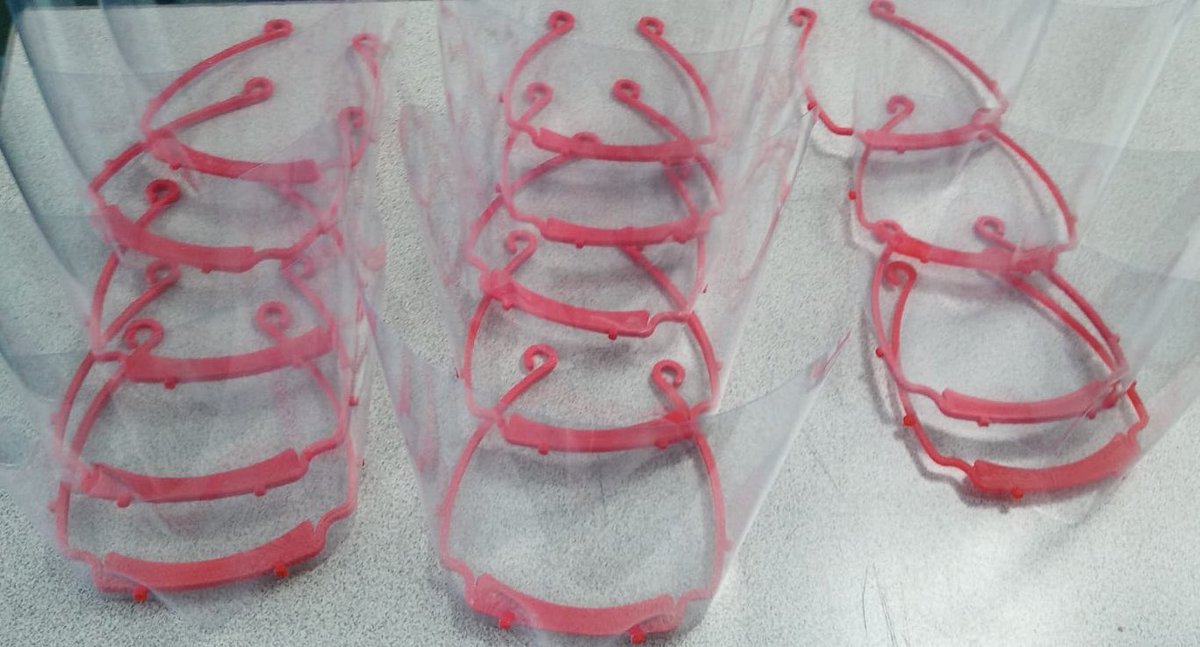 RawlinsAcademy's tweet photo. More PPE activity today from our Creativity colleagues - 50 visors produced along with more scrubs and headbands. We also have a small army of colleagues sewing headbands at home - thank you to you all! #HelpTheNHS #PPEfortheNHS https://t.co/puvIbiHK8e