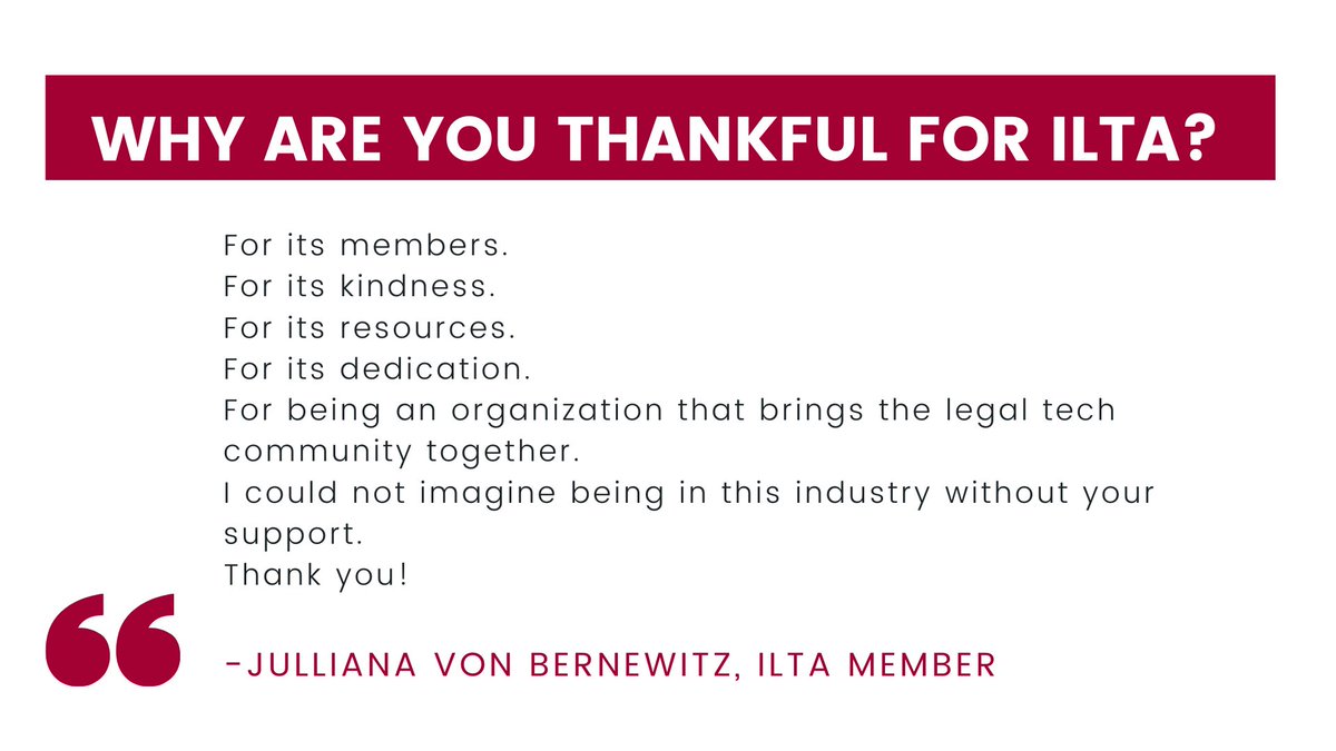 ILTANet's tweet photo. Who agrees with Julliana? We are honored to be able to help our members through all stages and needs of their careers. What else are you thankful for? #PeerPowered #WeAreILTA #sharegratitude https://t.co/aMLyiuS1Ka