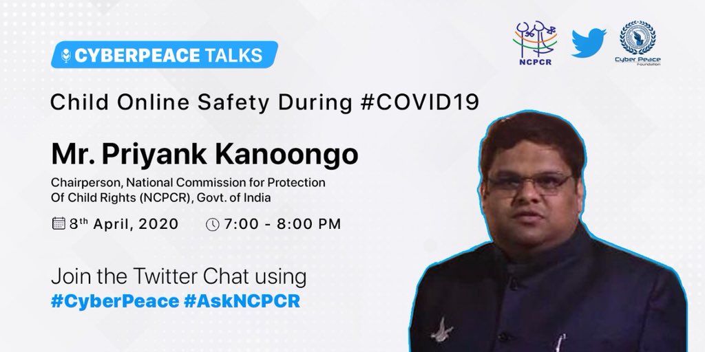 #COVID19 के दौरान बाल ऑनलाइन सुरक्षा पर हमारे ट्विटर चैट में आपका स्वागत है। आप सभी #CyberPeace #AskNCPCR का उपयोग करके हमारे ट्विटर चैट से जुड़ें।
<a href="/KanoongoPriyank/">प्रियंक कानूनगो Priyank Kanoongo</a> <a href="/NCPCR_/">NCPCR</a> @twitterindia <a href="/cyberpeacecorps/">CyberPeace Corps</a> #cybersecurity #BreakTheChain  #IndiaFightsCoronavirus