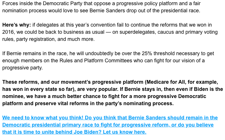 SocializeMediaL's tweet photo. Please take this poll by Our Revolution about whether Bernie should stay in this race. His polices are needed now more than ever. Please read the statement below as to WHY it is so critical Bernie stays in the race to get 25% of delegates.
#StayInBernie
https://t.co/3QRyB8kOtb https://t.co/t8yV7kNMbu