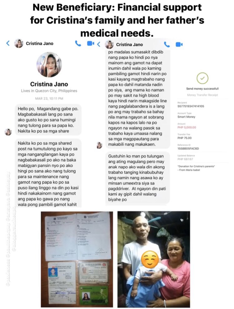 bloggers_united's tweet photo. New beneficiaries for https://t.co/t57NFP5G2M …
- Kuya Jhey's family. He worked as a clown, waiter, welder, etc. prior the lockdown
- Tatay Ruping. 74 yo, half blind, still the family's breadwinner
- Cristina's father's medical needs
- Ate Emma Rose's family in Payatas https://t.co/VTABMqs5M6