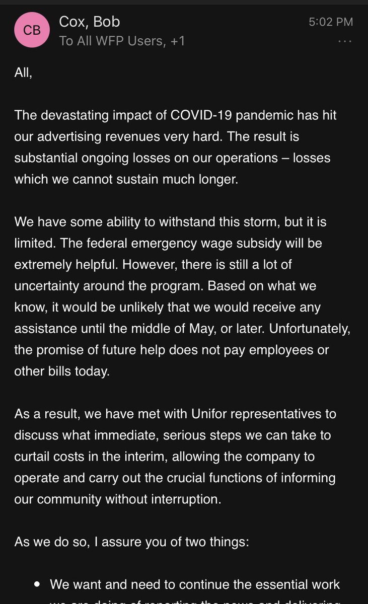 . @thediscourse is not special. We're losing local news everywhere - it relies on local biz to buy ads.  @Bill_Morneau wasn't fast enough to prevent Saltwire closing community newspapers across Atlantic Canada. Even the Winnipeg Free Press is barely alive right now.  #TooSlowMorneau