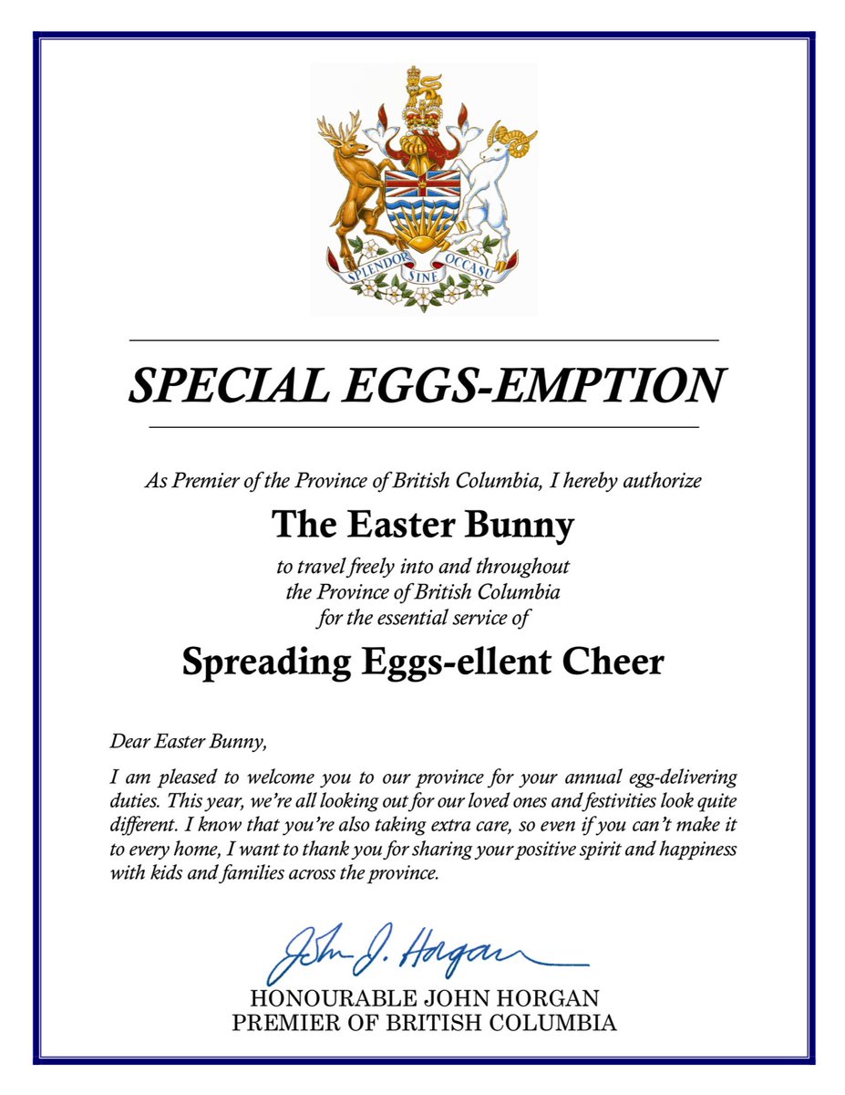 As the Premier of BC, I’m authorizing a special essential service eggs-emption. 🐰