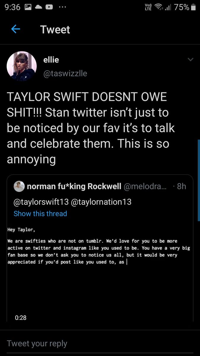 Everything was going well, then U.S swifties woke up...came online , saw this and tried to be edgy. She follows white American swifties on tumblr, never have concerts here, we don't get anything just posts or ig live. Asked her politely to be active on instagram and then BOOM.