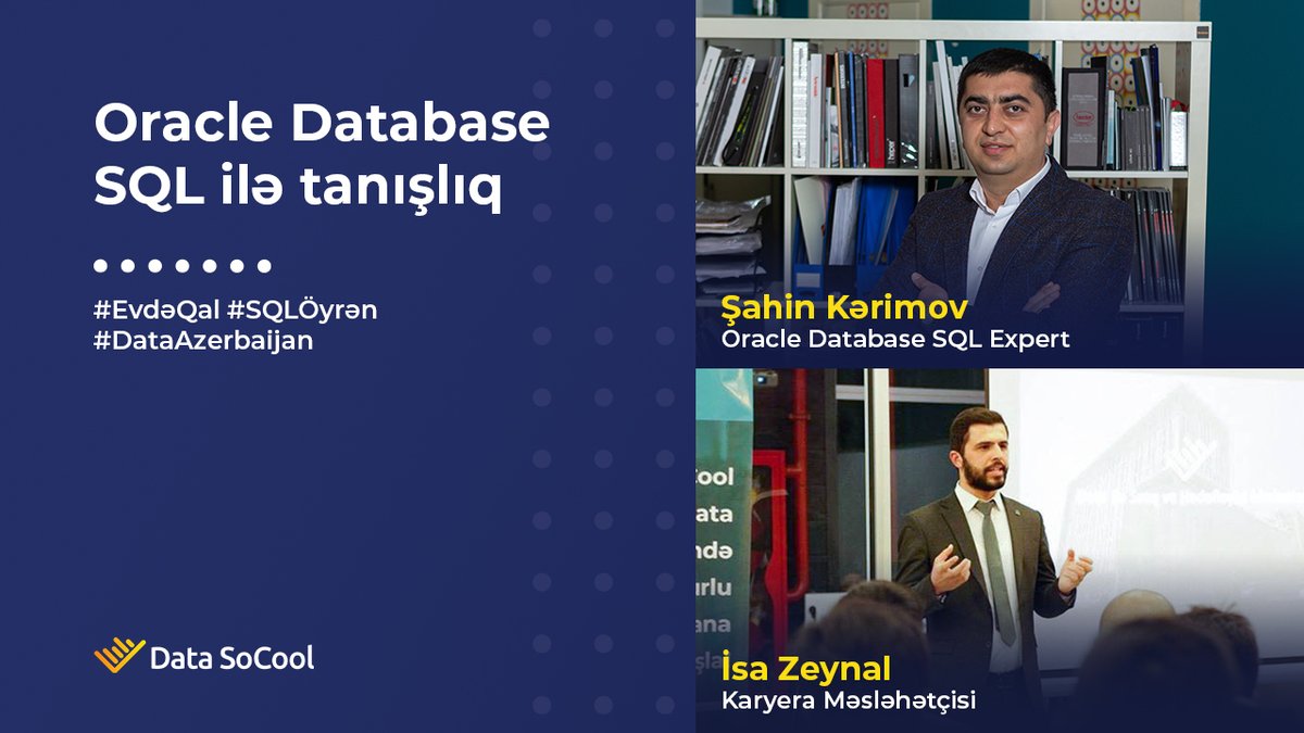 Data sevərlər!
 4 Aprel tarixində “Oracle Database SQL ilə tanışlıq” mövzusunda baş tutmuş vebinarı sizinlə bölüşürük.
Karantin dövründə müxtəlif vebinarlara davam etməkdəyik. 
bit.ly/34ncatF
#DataSoCool #PeşəkarDataTəhsili #DataÖyrən #SQLÖyrən #LearnData #DataAzerbaijan