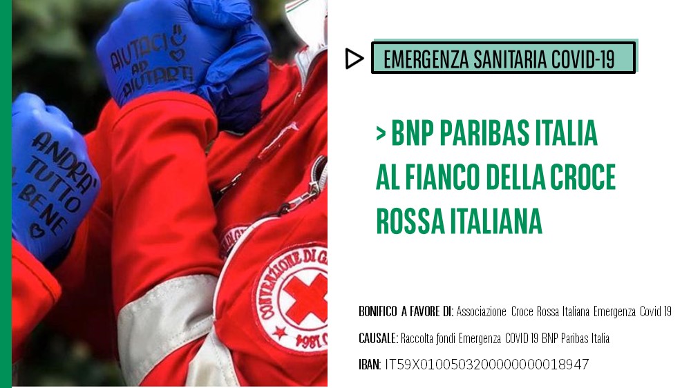 BNPPAM_IT's tweet photo. Prosegue la raccolta fondi a favore della @crocerossa Italiana per l'Emergenza Sanitaria #Covid-19 supportata da @BNPPAM_IT e dalle società del Gruppo #BNPParibas. Per saperne di più clicca qui ➡️ https://t.co/zzIMTAH5vl #tempodellagentilezza #uniti #celafaremo https://t.co/0jVkTJouFD