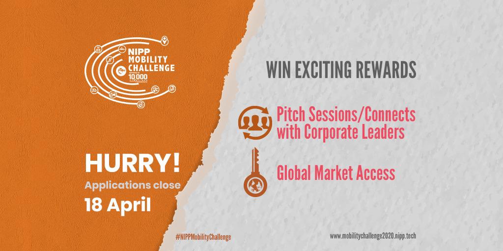nasscomstartups's tweet photo. Applications for the #NIPPMobilityChallenge close on 18 April. This is a chance to explore opportunities for ideation &amp; collaboration with corporates &amp; win more exciting prizes. Startups and students with ideas for solutions in mobility apply soon: https://t.co/8PcoxecUye https://t.co/R7DFUA2r4s