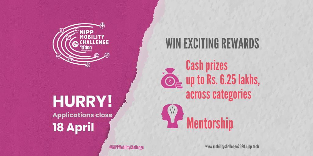 nasscomstartups's tweet photo. Applications for the #NIPPMobilityChallenge close on 18 April. This is a chance to explore opportunities for ideation &amp; collaboration with corporates &amp; win more exciting prizes. Startups and students with ideas for solutions in mobility apply soon: https://t.co/8PcoxecUye https://t.co/R7DFUA2r4s